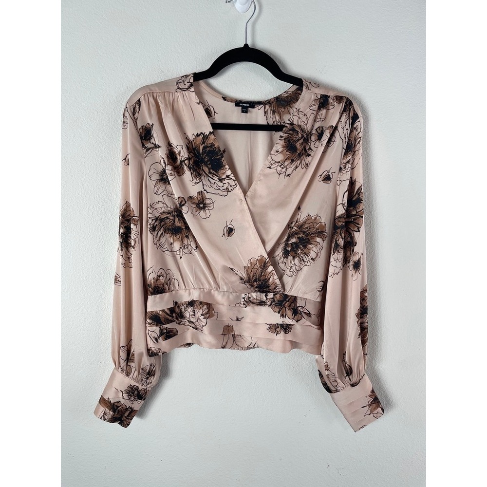 Express Womens Small Floral Surplice Blouse Pink Brown Long Sleeve Shirt